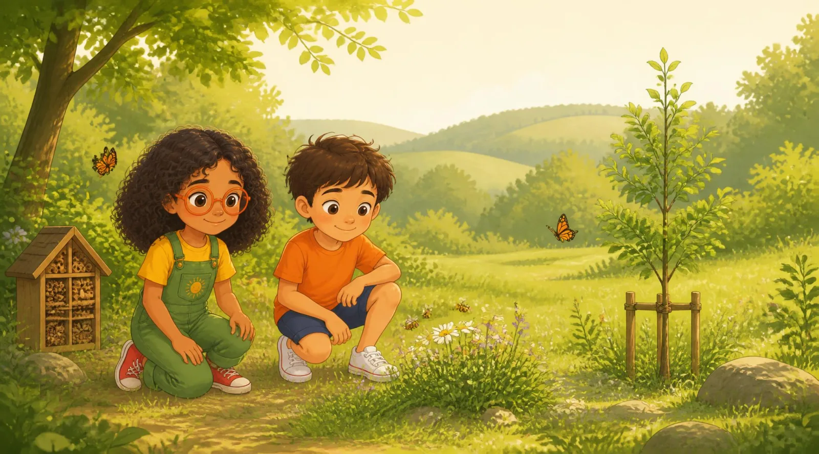 Chloé et Léo, les explorateurs du livre Mission Écolo, observant une fleur sauvage et un hôtel à insectes dans une clairière